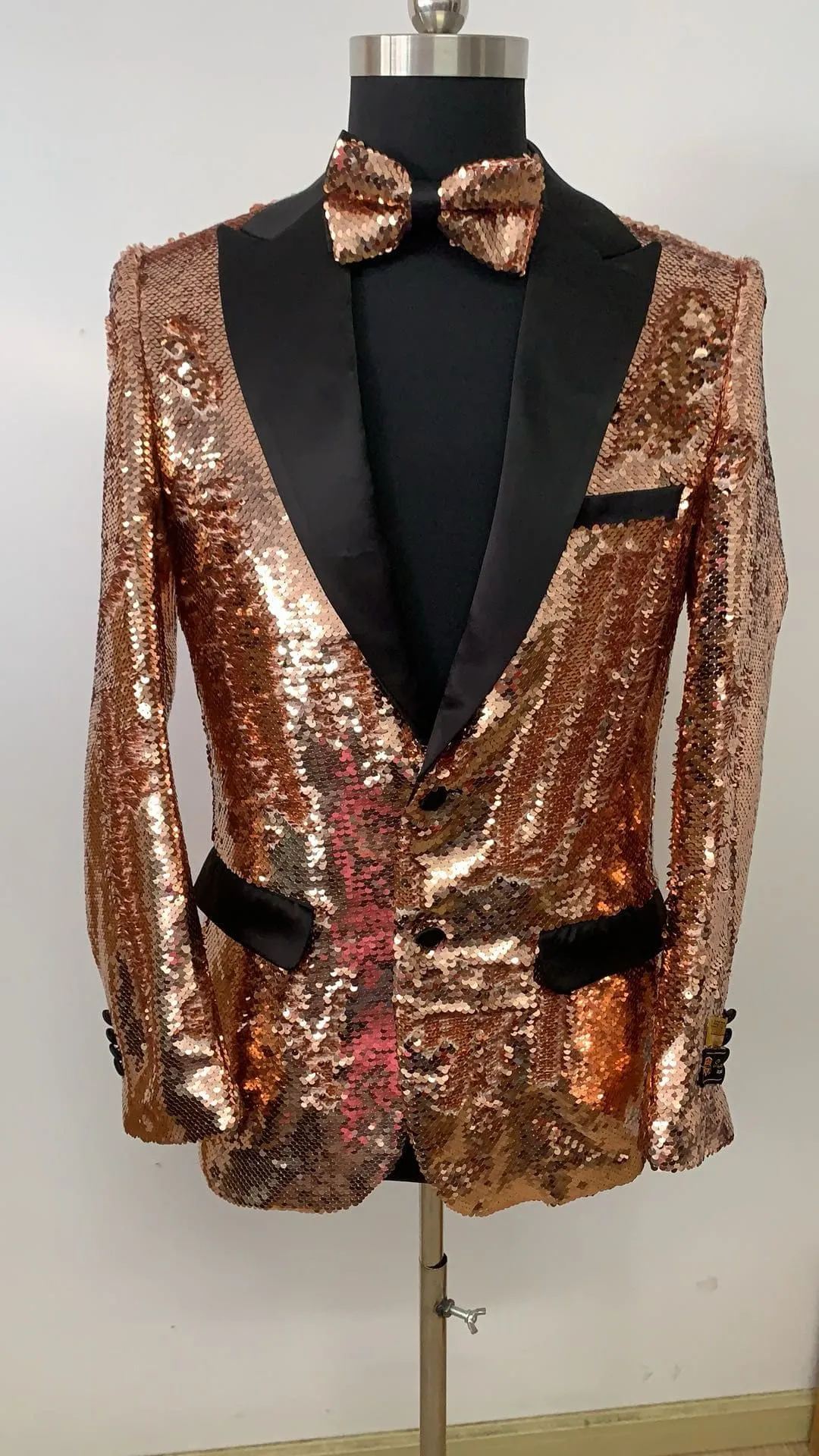 Mens Rose Gold Sequin Tuxedo Jacket with Black Satin Shawl Lapel and Matching Bow Tie sold by Alberto Nardoni product image thumbnail 4