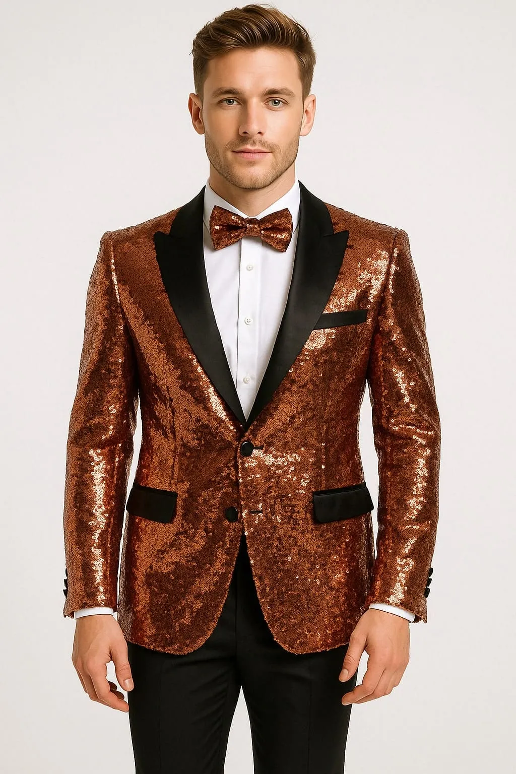 Mens Rose Gold Sequin Tuxedo Jacket with Black Satin Shawl Lapel and Matching Bow Tie sold by Alberto Nardoni
