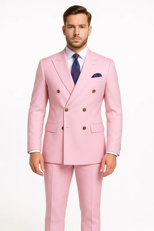 Mens Light Pink Double-Breasted Suit with Gold Buttons – 2-Piece Slim Fit Set sold by Alberto Nardoni