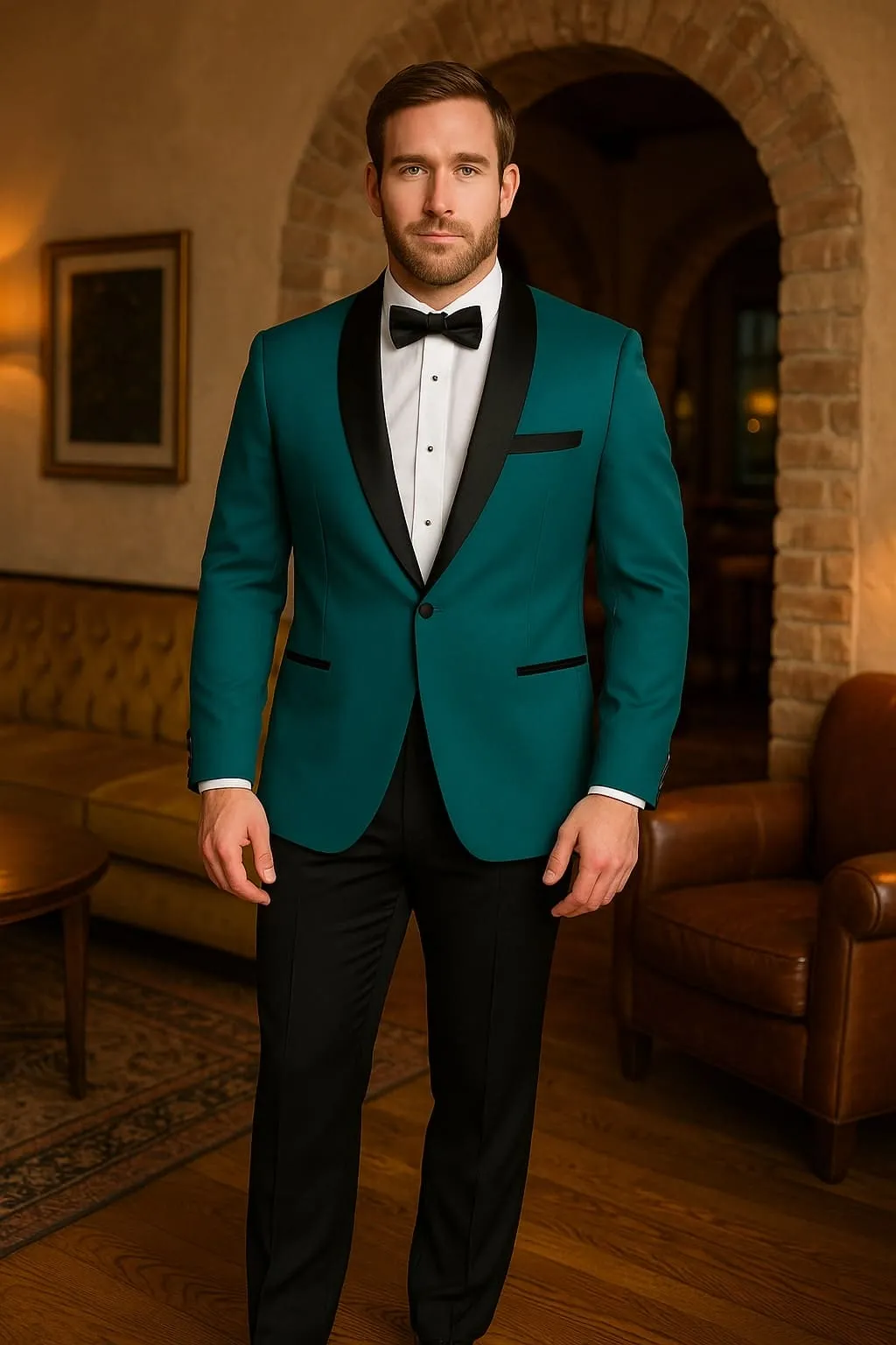 Teal Velvet Tuxedo for Men – One Button Black Satin Lapel Formal Suit with Bow Tie sold by Alberto Nardoni product image thumbnail 4