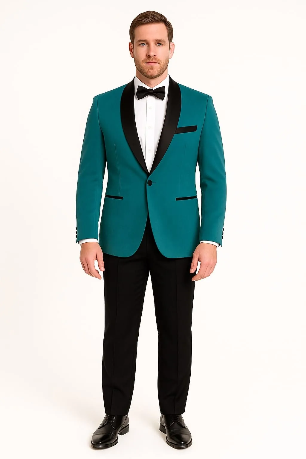 Teal Velvet Tuxedo for Men – One Button Black Satin Lapel Formal Suit with Bow Tie sold by Alberto Nardoni