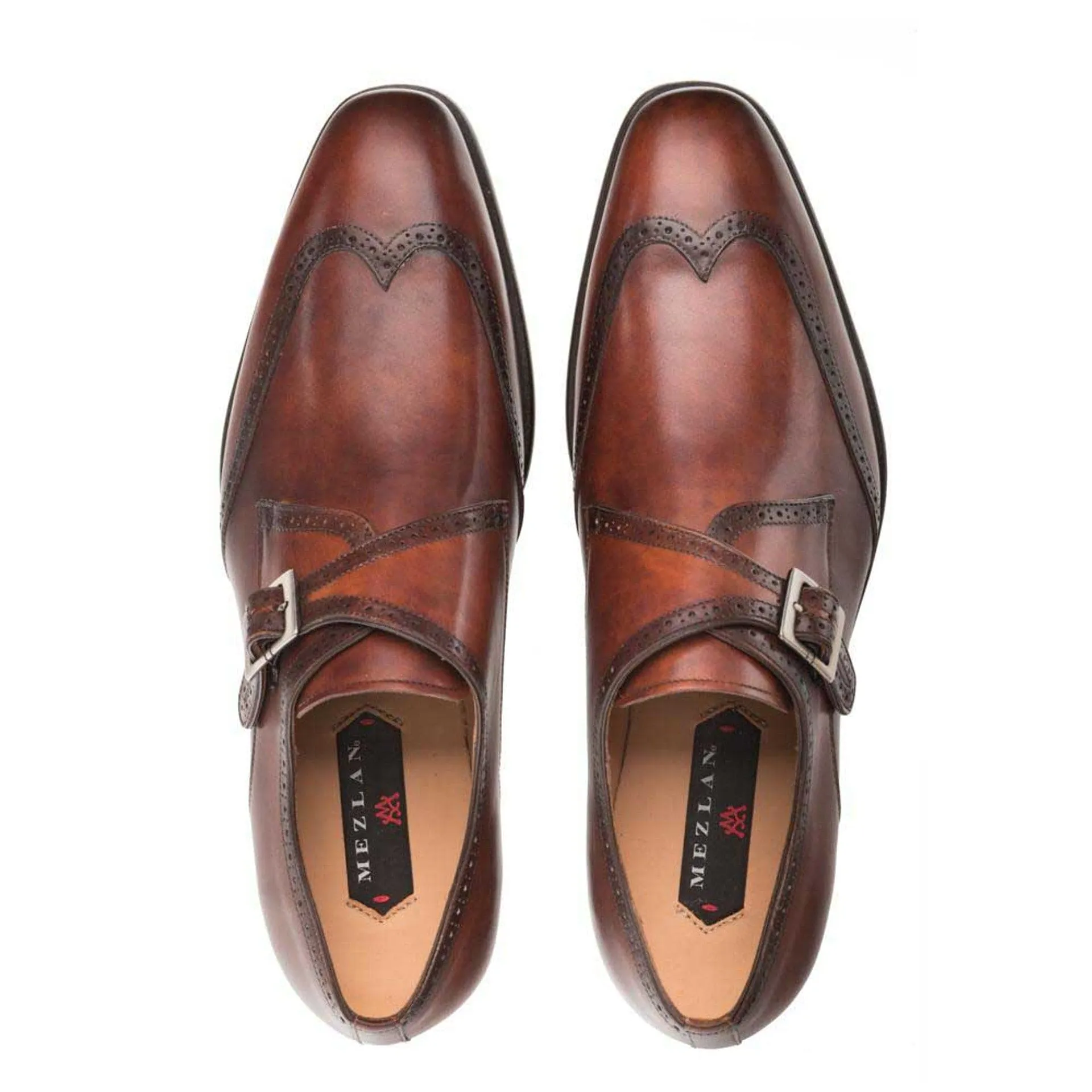 Men’s Mezlan Forest Cognac Monk Strap – Modern Wingtip in Hand-Burnished Calfskin Leather sold by Alberto Nardoni product image thumbnail 3