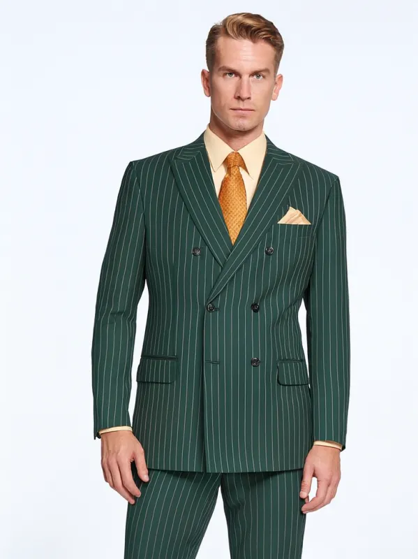 Mens Hunter Green Pinstripe Double-Breasted Suit – Bold 6-Button Vintage Gangster Style 1920s Look sold by Alberto Nardoni