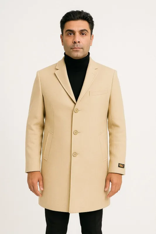 Mens Beige Wool Overcoat with Classic Notch Lapel and Single-Breasted Closure - Light Tan Sand Color sold by Alberto Nardoni