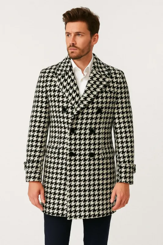 Mens Houndstooth Double-Breasted Wool Peacoat – Black and White Wool Short Coat Slim Fit sold by Alberto Nardoni