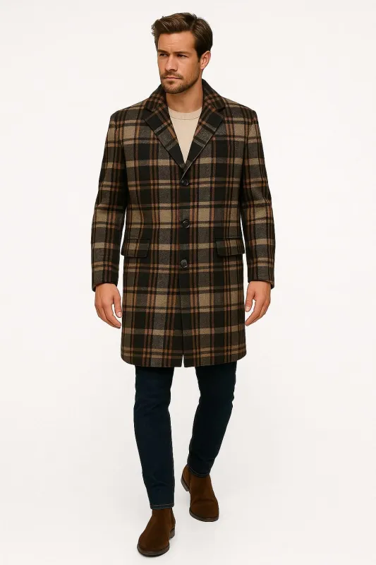 Mens Plaid Wool Overcoat – Khaki and Brown and Cream Check Pattern Winter Coat sold by Alberto Nardoni