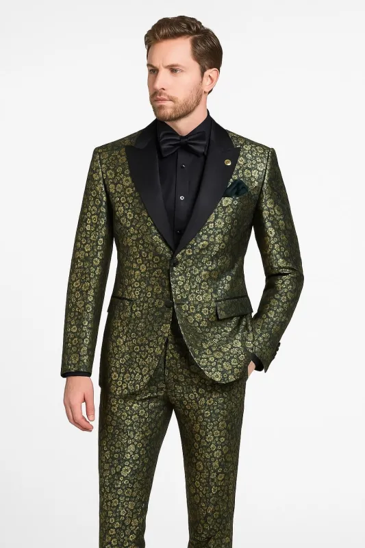 Emerald Green and Gold Floral Tuxedo Suit for Men Perfect Prom or Wedding Suit sold by Alberto Nardoni