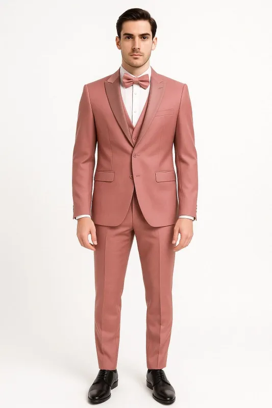 Mens Dusty Pink Three-Piece Slim Fit Tuxedo with Contrast Satin Lapel and Bow Tie sold by Alberto Nardoni