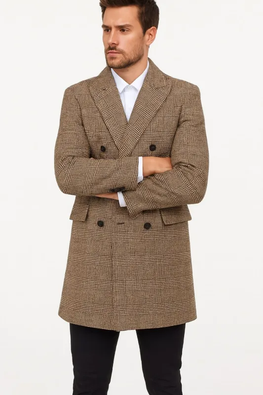 Mens Gray and Light Brown Glen Plaid Wool Overcoat – Double-Breasted Vintage Check OverCoat - Three Quarter Carcoat sold by Alberto Nardoni