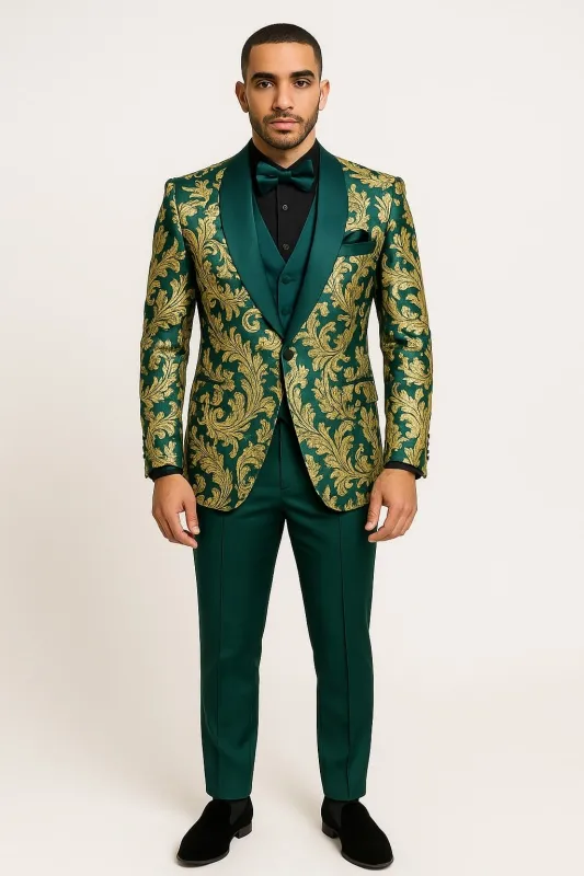 Mens Green and Gold Embroidered Tuxedo – 3-Piece Prom Suit sold by Alberto Nardoni