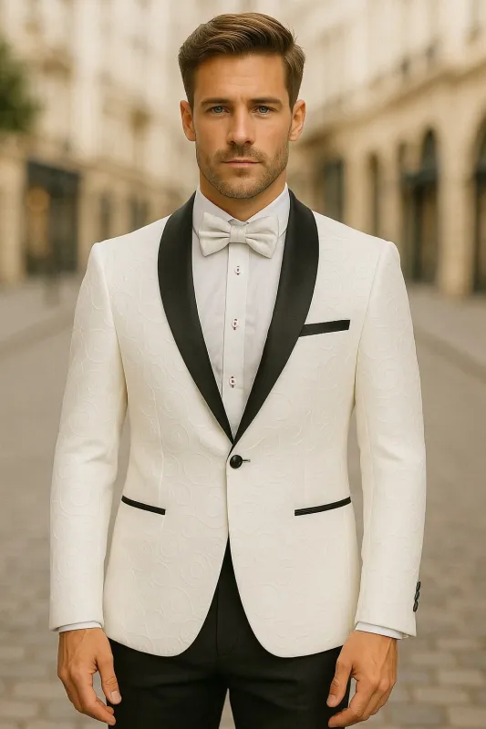 Mens White Swirl Embroidered Tuxedo Jacket with Black Satin Shawl Lapel and Matching Bow Tie made by Alberto Nardoni
