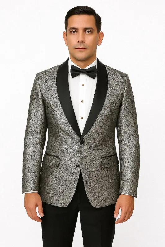 Silver and Black Tuxedo Blazer with Matching Bow Tie - Paisley Sport Coat For Prom or Wedding sold by Alberto Nardoni