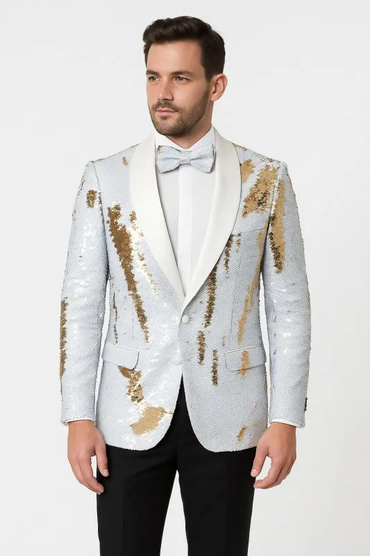 Mens White and Gold Reversible Sequin Tuxedo Jacket with Satin Lapel and Matching Bow Tie sold by Alberto Nardoni