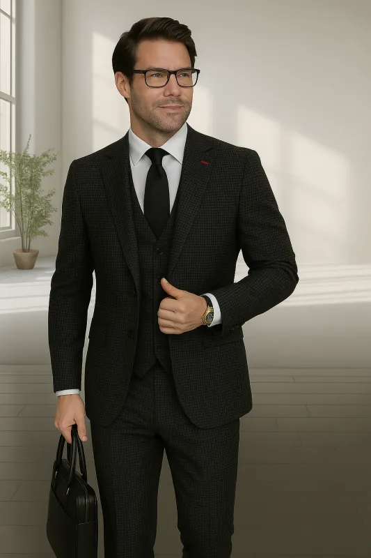 Wool Suit - Italian Made Business Suit by Statement Men's 3 Piece 100% Wool Modern Fit Suit - Micro Checker Pattern sold by Alberto Nardoni