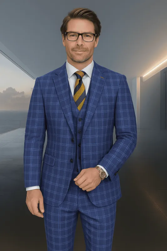 Wool Suit - Italian Made Business Suit by Statement Men's 3 Piece 100% Wool Modern Fit Suit - Classic Plaid Pattern sold by Alberto Nardoni