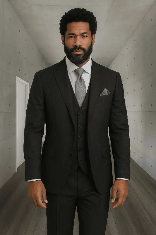 Wool Suit - Italian Made Business Suit by Statement Men's 3 Piece 100% Wool Modern Fit Suit - Sharp Plaid Pattern sold by Alberto Nardoni