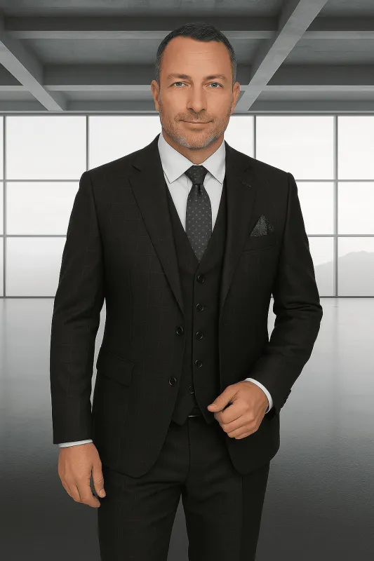 Wool Suit - Italian Made Business Suit by Statement Men's 3 Piece 100% Wool Modern Fit Suit - Solid Scoop Vest sold by Alberto Nardoni