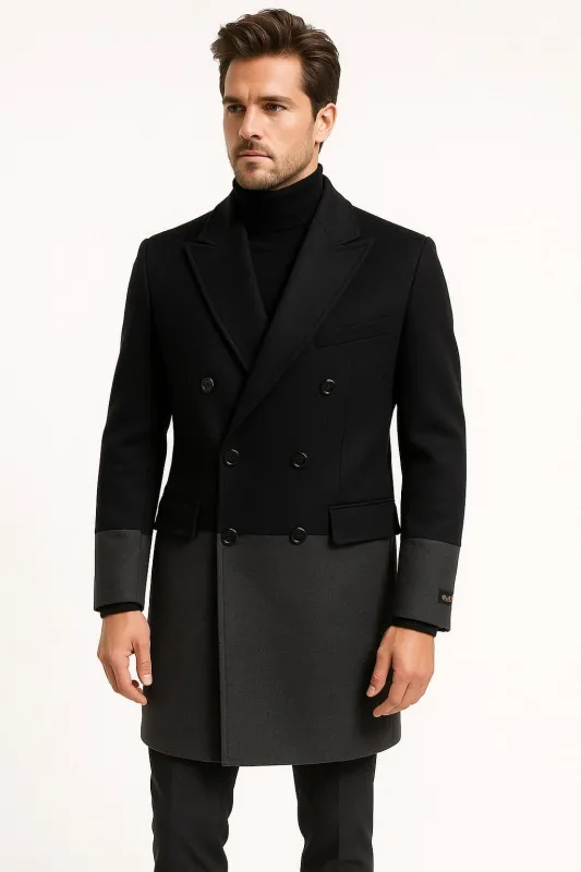 Mens Two-Tone Double-Breasted Overcoat in Black and Charcoal Gray Wool Fabric Topcoat sold by Alberto Nardoni