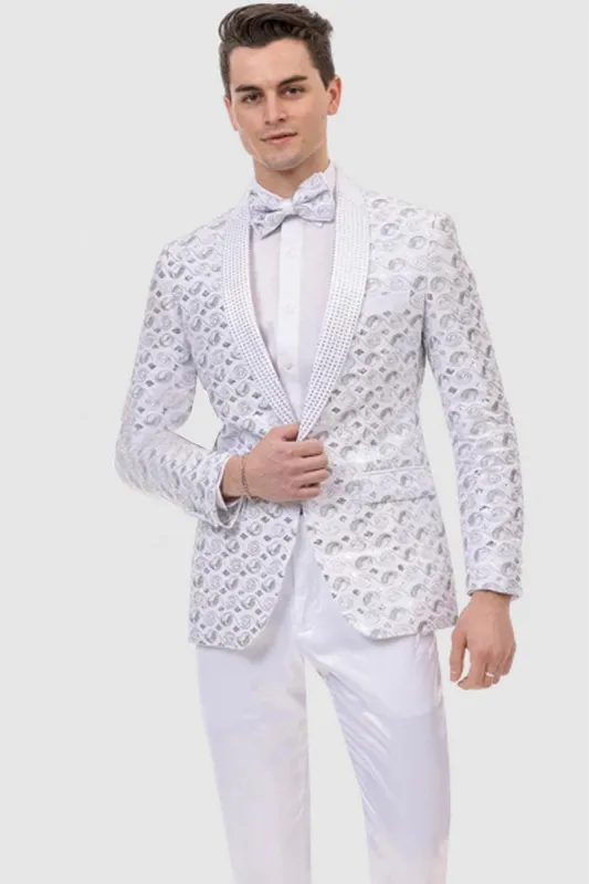 EJ Samuel White Sequined Swirl Tux Jacket - A Stylish Menswear Essential for Proms & Formals made by Alberto Nardoni