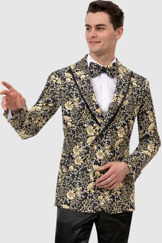 "EJ Samuel Paisley Tuxedo Dinner Jacket: Stylish Black & Gold Blazer" sold by Alberto Nardoni