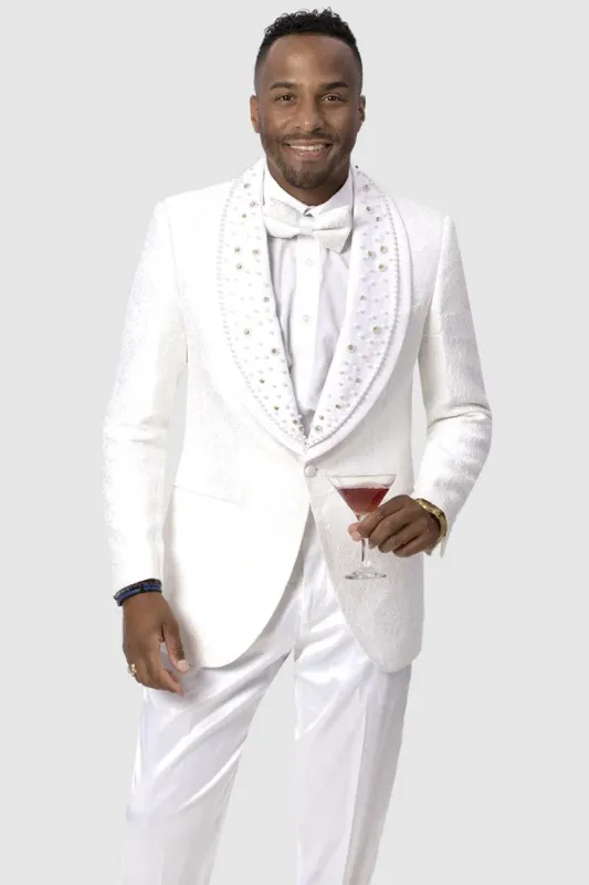 EJ Samuel White Paisley Diamond Lace Tux Jacket for Proms & Dinners sold by Alberto Nardoni