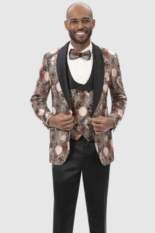 "Rust Geometric Vested Tuxedo by EJ Samuel" sold by Alberto Nardoni