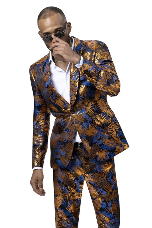 EJ Samuel Men's One-Button Shawl-Lapel Foil Print Suit in Blue/Orange made by Alberto Nardoni