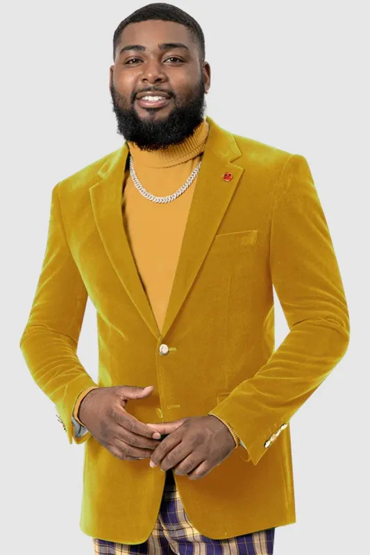 "EJ Samuel Mustard Velvet Blazer: Modern Fit, 2-Button Look" sold by Alberto Nardoni