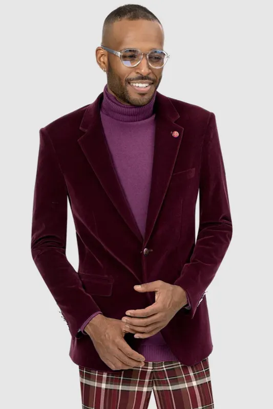 EJ Samuel: Modern Fit Velvet Blazer - Burgundy, 2-Button sold by Alberto Nardoni