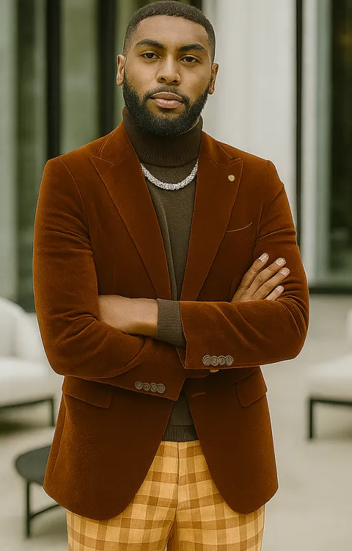 EJ Samuel | Modern Fit Velvet Blazer | Rust | 2-Button | Mens sold by Alberto Nardoni