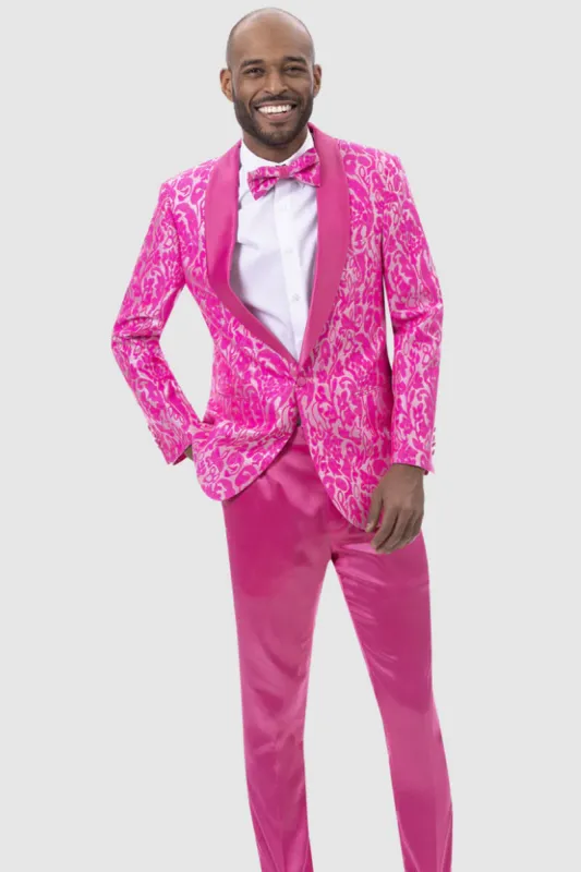 Mens Slim Fit Two Piece Brocade Paisely Prom Tuxedo in Hot Pink Fuschia sold by Alberto Nardoni