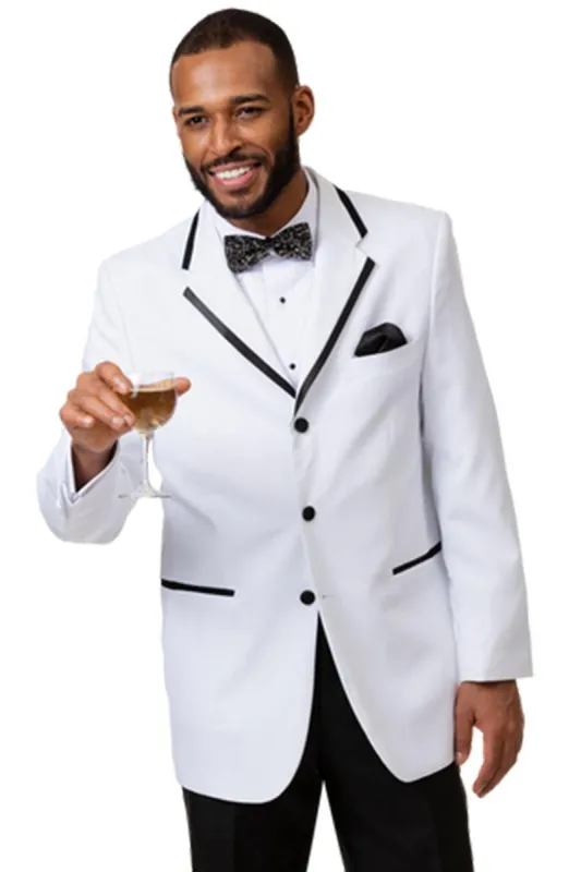 "EJ Samuel Men's 3-Btn White Tuxedo with Black Trim". sold by Alberto Nardoni
