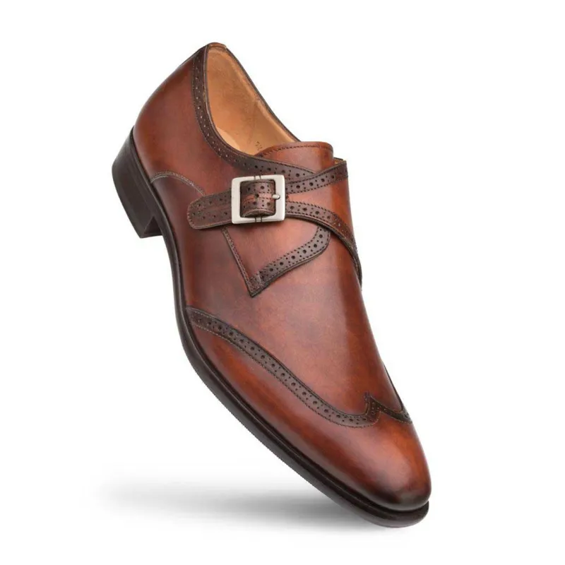 Forest Cognac Calfskin Leather Men’s Modern Wing Tip Monk Strap By Mezlan Made In Spain Brand sold by Alberto Nardoni