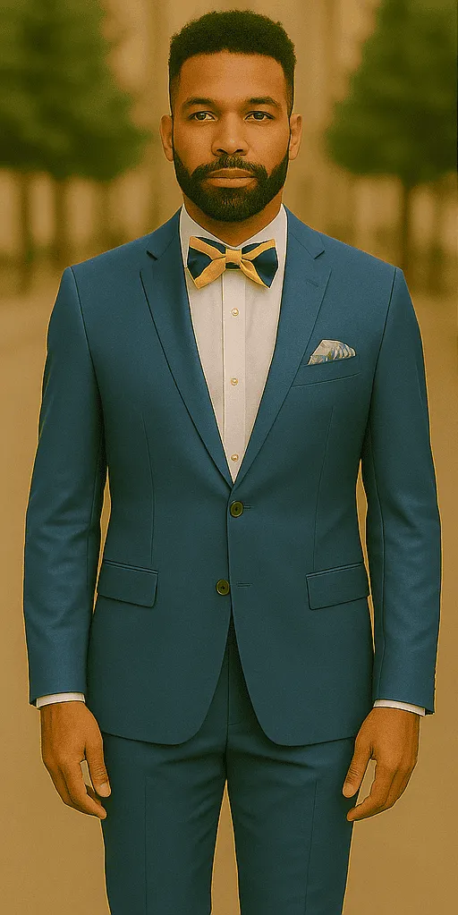 Blue Slim Fit Men’s Suit by Rossiman Rossi – Skinny Style with 1-Button Jacket sold by Alberto Nardoni