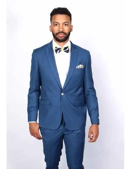 Blue Slim Fit Men’s Suit by Rossiman Rossi – Skinny Style with 1-Button Jacket sold by Alberto Nardoni product image thumbnail 2