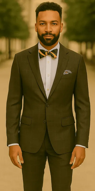 Men's Brown Plaid Slim Fit Suit by Rossiman Rossi â€“ Peak Lapel Jacket & Tapered Pants sold by Alberto Nardoni