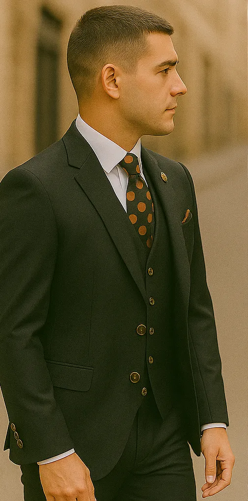 Rossiman Black Suit for Men – Classic 1-Button Peak Lapel Jacket & Double-Breasted Vest sold by Alberto Nardoni product image thumbnail 4