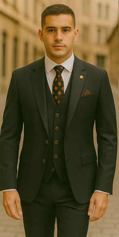 Rossiman Black Suit for Men â€“ Classic 1-Button Peak Lapel Jacket & Double-Breasted Vest sold by Alberto Nardoni