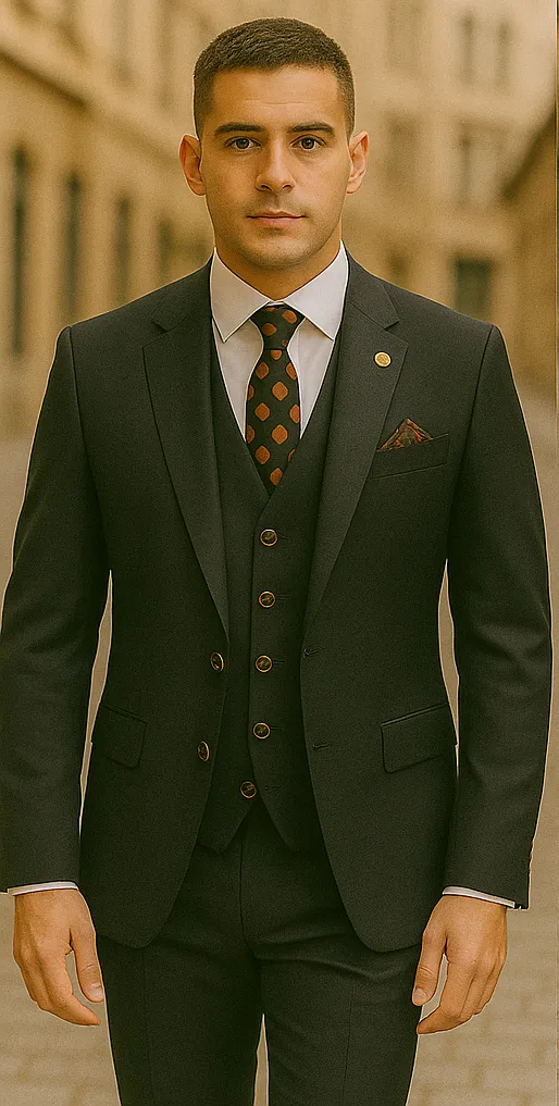 Rossiman Black Suit for Men – Classic 1-Button Peak Lapel Jacket & Double-Breasted Vest sold by Alberto Nardoni