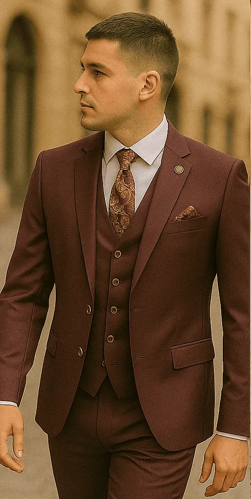 Rossiman Burgundy Suit for Men – Peak Lapel 1-Button Jacket & Double-Breasted Vest sold by Alberto Nardoni product image thumbnail 4
