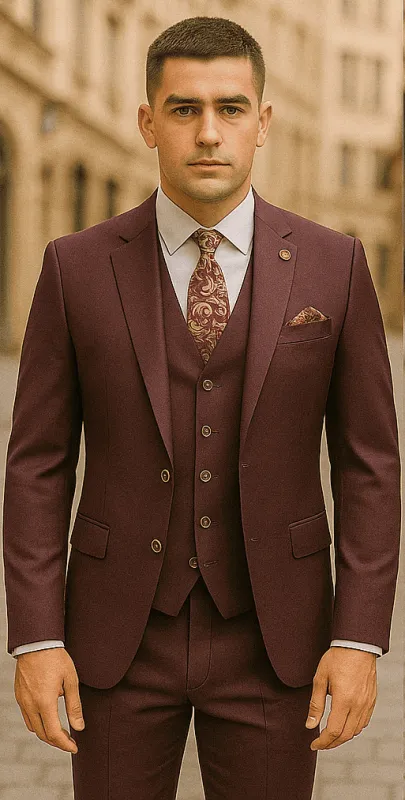Rossiman Burgundy Suit for Men â€“ Peak Lapel 1-Button Jacket & Double-Breasted Vest sold by Alberto Nardoni