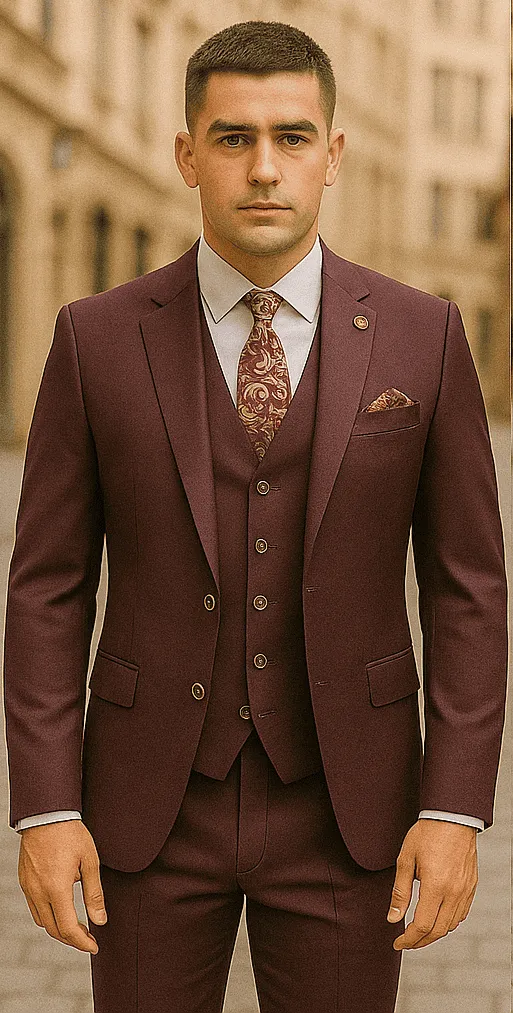 Rossiman Burgundy Suit for Men – Peak Lapel 1-Button Jacket & Double-Breasted Vest sold by Alberto Nardoni