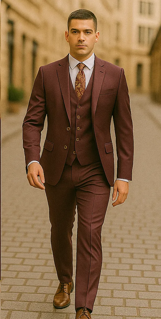Rossiman Burgundy Suit for Men – Peak Lapel 1-Button Jacket & Double-Breasted Vest sold by Alberto Nardoni product image thumbnail 5