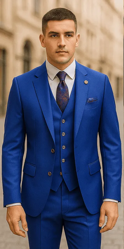 Rossiman Royal Blue Suit for Men – Classic 1-Button Peak Lapel Jacket & Double-Breasted Vest sold by Alberto Nardoni