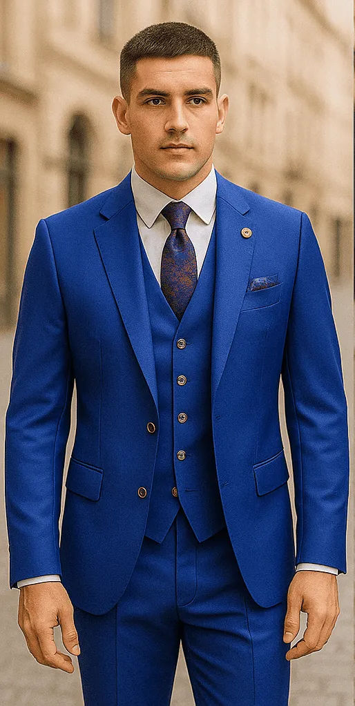 Rossiman Royal Blue Suit for Men – Classic 1-Button Peak Lapel Jacket & Double-Breasted Vest sold by Alberto Nardoni