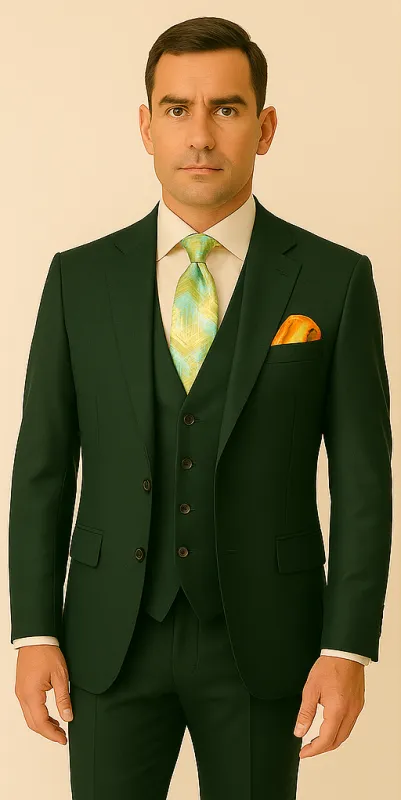 Rossiman Hunter Green Slim Fit Men's Suit â€“ 3-Piece Vested Set with Flat Front Trousers sold by Alberto Nardoni