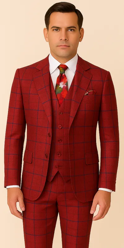 Rossiman Suit – Red & Blue Plaid Windowpane Double-Breasted Suit for Men sold by Alberto Nardoni