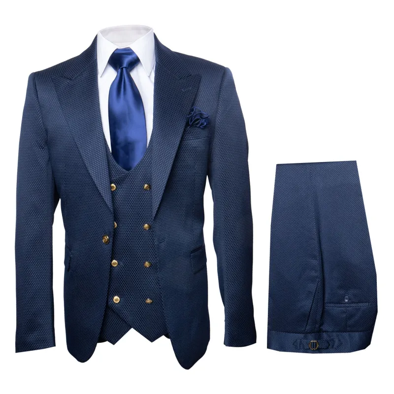 Rossi Man BOND RM1752 Slim Fit 3-Piece Navy Suit â€“ 1-Button Peak Lapel, Double-Breasted Vest & Flat Front Pants made by Alberto Nardoni
