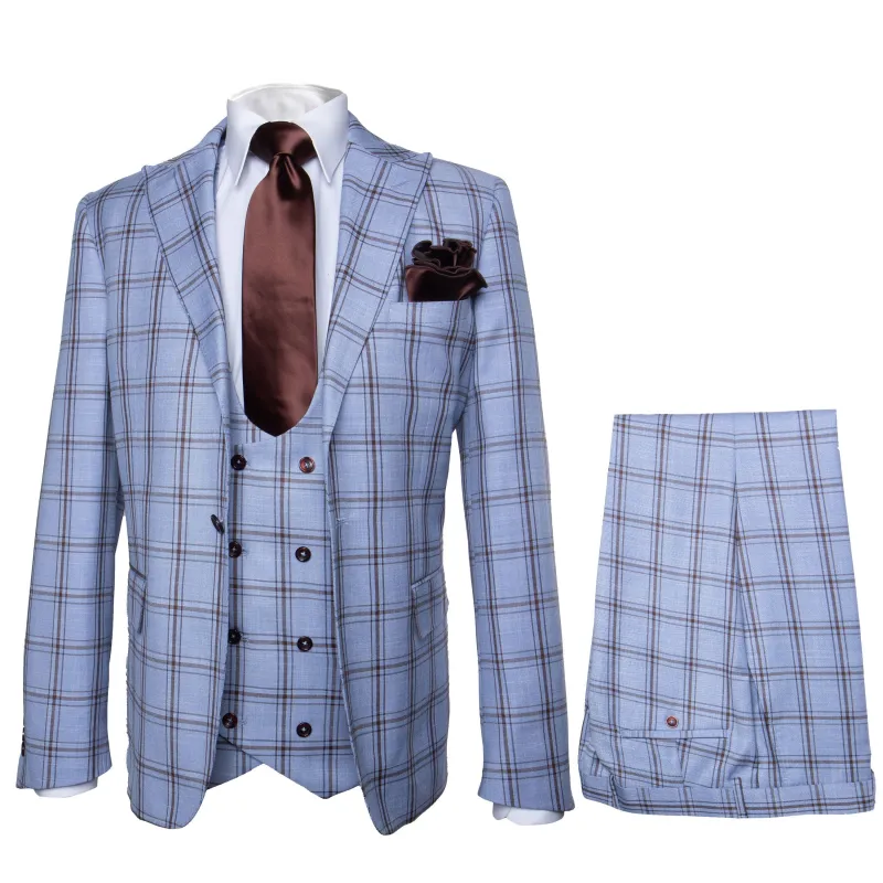 Rossi Man MAX RM1822 Slim Fit 3-Piece Suit â€“ Premium Light Blue & Brown Plaid Formal Suit for Men made by Alberto Nardoni