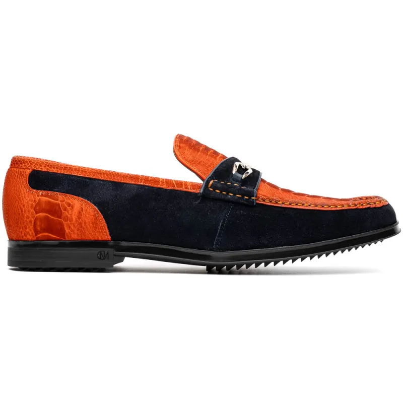 Marco Di Milano Orange-Navy Hugo Sueded Ostrich Leg Bit Loafers sold by Alberto Nardoni